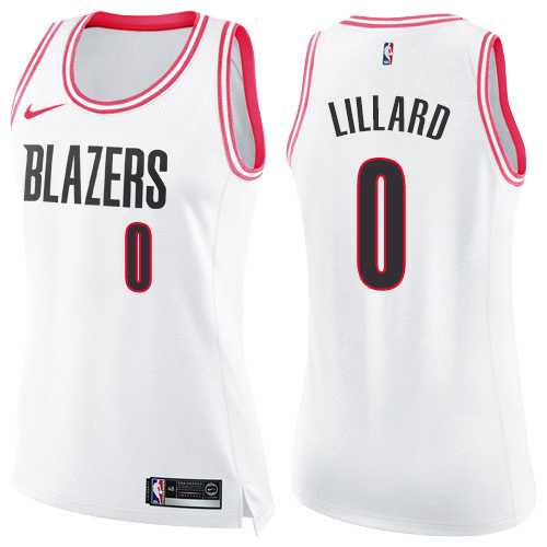 #0 Nike Swingman Damian Lillard Women's White/Pink NBA Jersey - Portland Trail Blazers Fashion