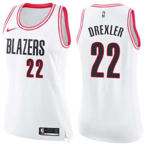 #22 Nike Swingman Clyde Drexler Women's White/Pink NBA Jersey - Portland Trail Blazers Fashion